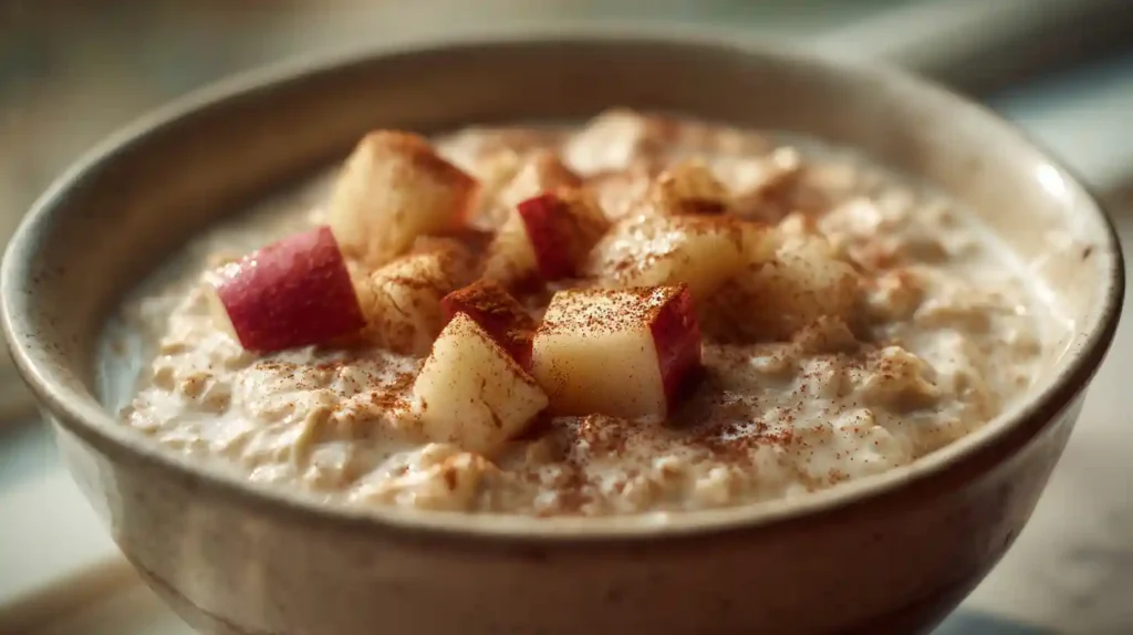 Apple cinnamon overnight oats topped with diced apples and cinnamon in a ceramic bowl