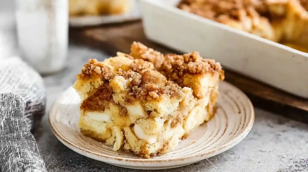 Easy Overnight Baked French Toast Casserole with Streusel Topping 2 Slice of baked French toast casserole with cinnamon crumble topping served on a plate