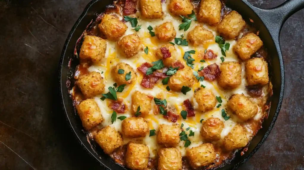 Cowboy tater tot casserole with crispy tater tots, melted cheese, ground beef, and bacon in a cast iron skillet