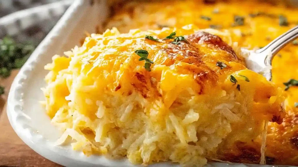 Hashbrown casserole with melted cheddar cheese and golden crispy top served on a plate