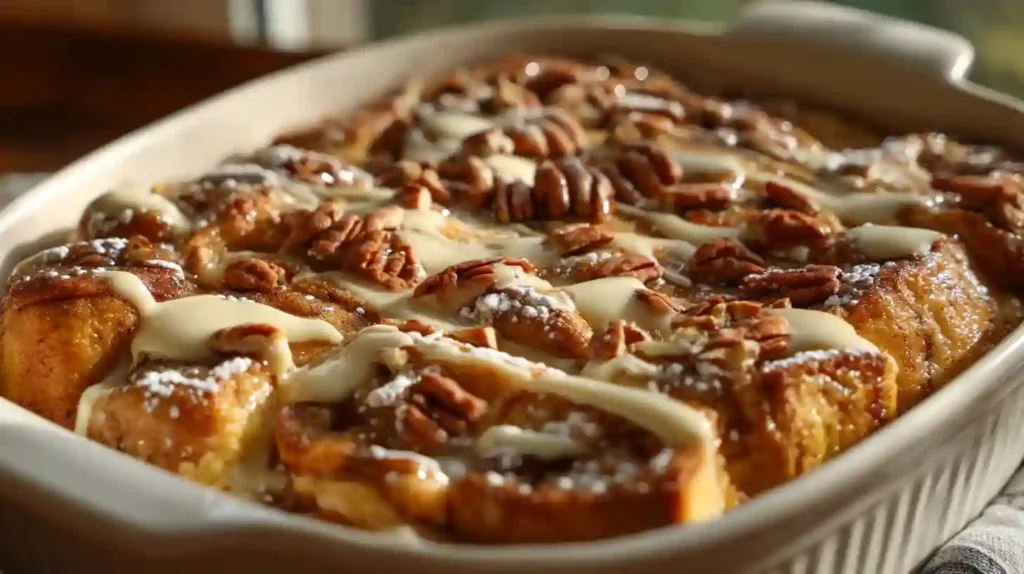 Cinnamon roll french toast casserole topped with pecans and vanilla icing baked in a ceramic dish