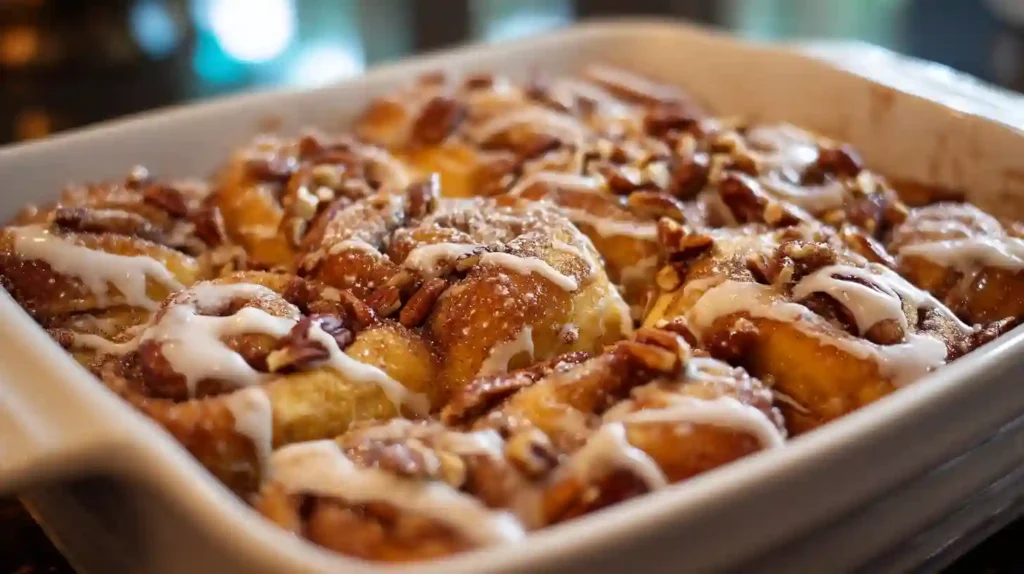 Cinnamon roll french toast casserole baked with pecans and vanilla glaze in a ceramic baking dish