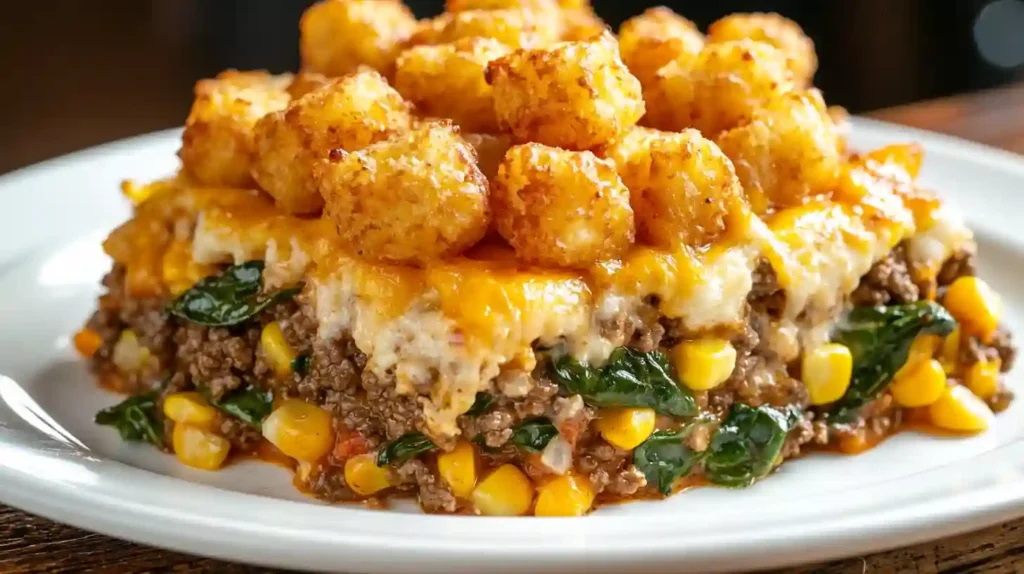 Cowboy tater tot casserole slice with crispy golden tots, ground beef, melted cheese, corn, and spinach on a white plate