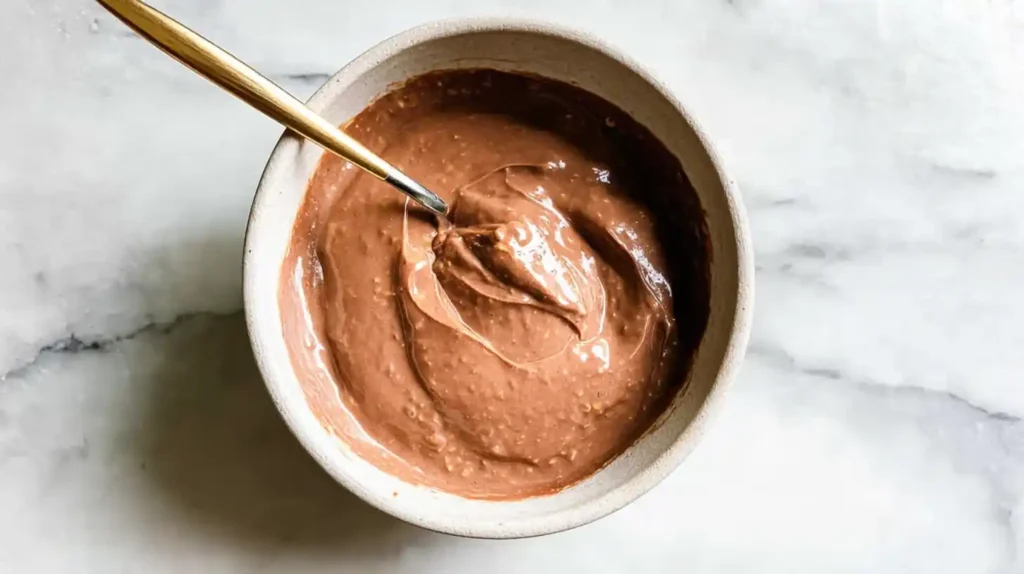 Blended overnight oats with chocolate flavor in a bowl with a spoon