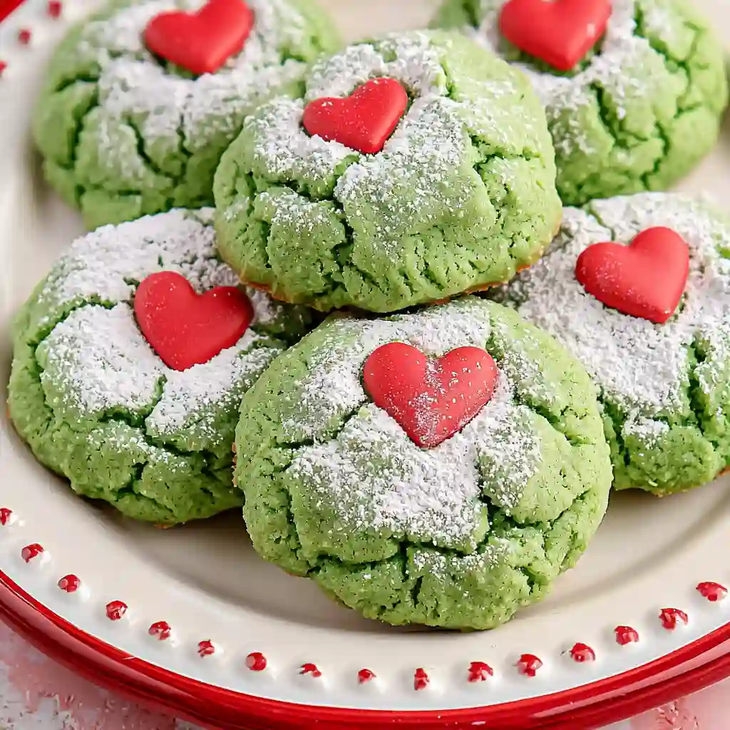 Easy Grinch cookies with bright green crinkle tops, powdered sugar coating, and red heart sprinkles on a festive plate