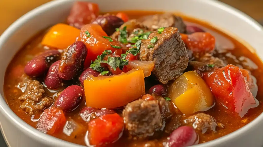 Cowboy chili with tender beef chunks, kidney beans, bell peppers, and rich tomato broth in a white bowl