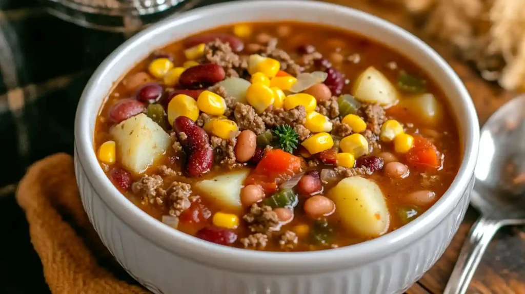 Cowboy soup with ground beef, potatoes, beans, corn, and tomatoes served in a white bowl