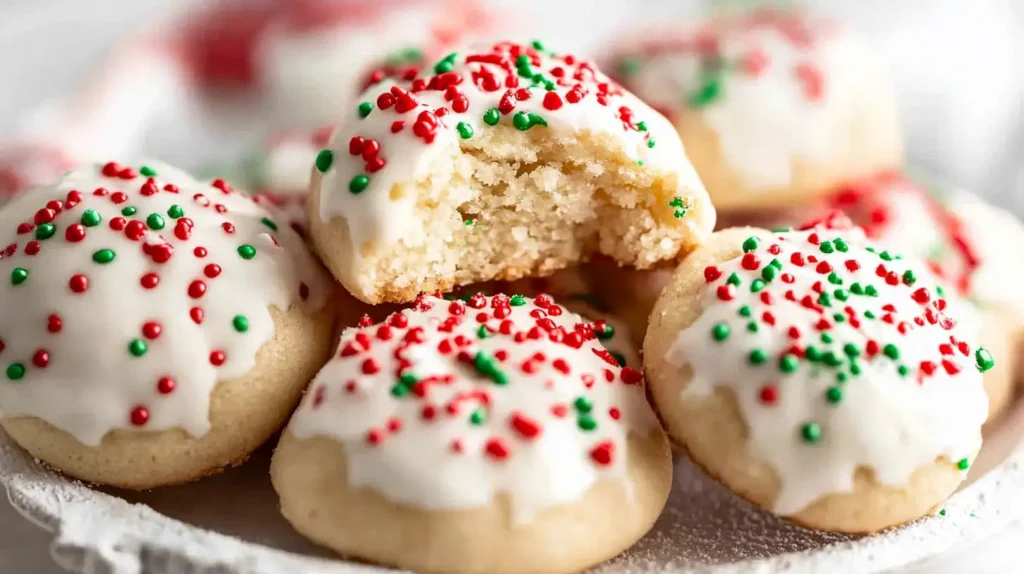 A vibrant pile of glazed Italian Christmas cookies generously covered with colorful sprinkles.