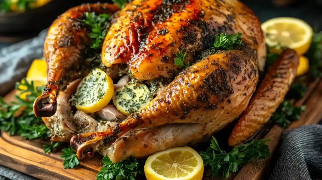 Cowboy butter turkey roasted with herbs and lemon on a wooden serving board