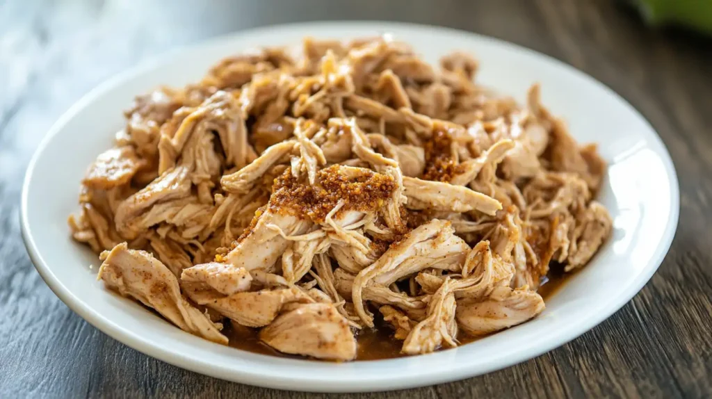 Slow cooker shredded chicken breast seasoned with spices served on a white plate