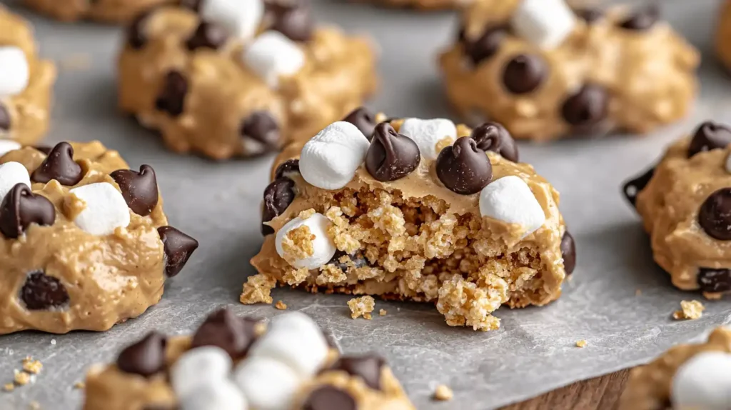 No-bake avalanche cookies made with white chocolate, peanut butter, mini marshmallows, and chocolate chips on parchment paper