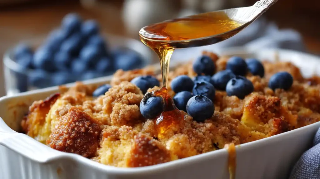 Overnight French toast casserole topped with blueberries and maple syrup in a white baking dish