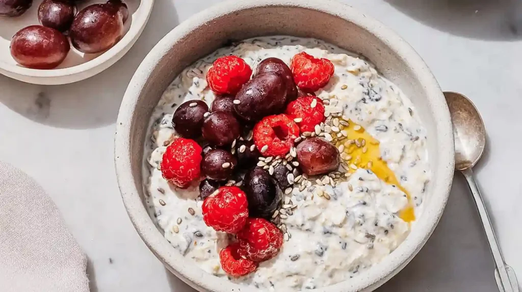 Overnight oats with chia seeds topped with raspberries, grapes, honey, and sesame seeds in a bowl