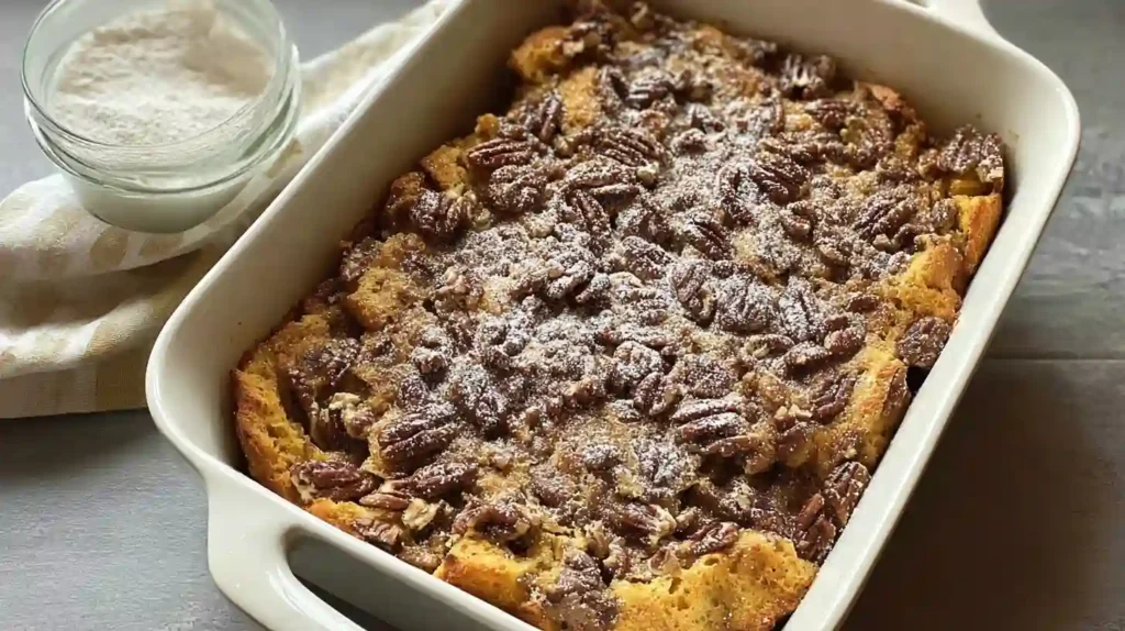 The Best French Toast Casserole 2 Baked French toast casserole topped with toasted pecans and powdered sugar in a white baking dish