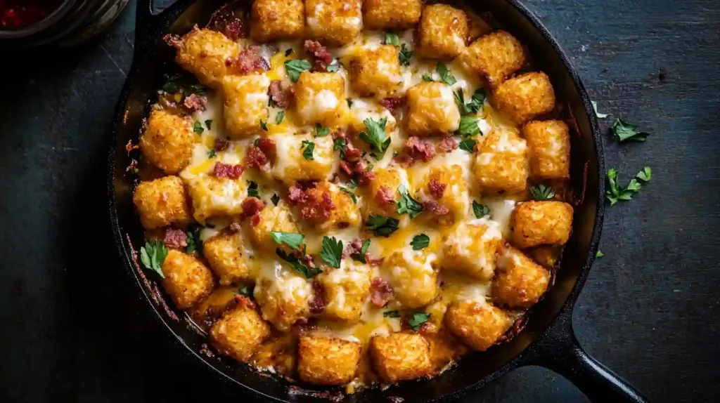 Cowboy tater tot casserole in a cast iron skillet with crispy golden tots, melted cheese, bacon, and parsley