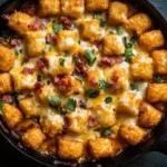 Cowboy tater tot casserole in a cast iron skillet with crispy golden tots, melted cheese, bacon, and parsley