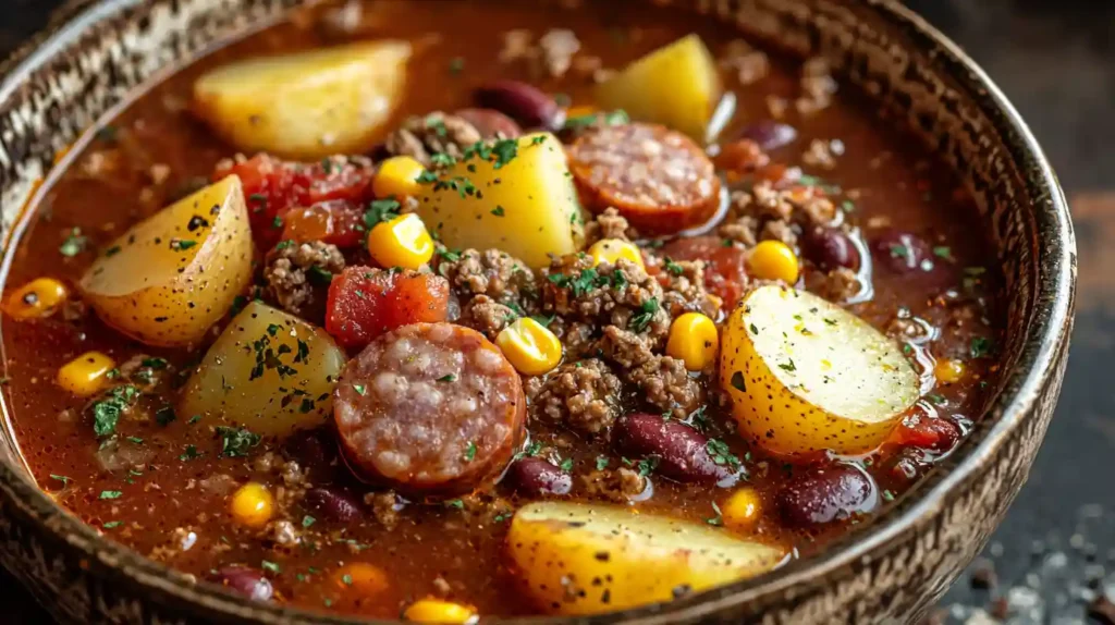 Texas cowboy stew with ground beef, sausage, potatoes, corn, beans, and tomatoes in a rustic bowl