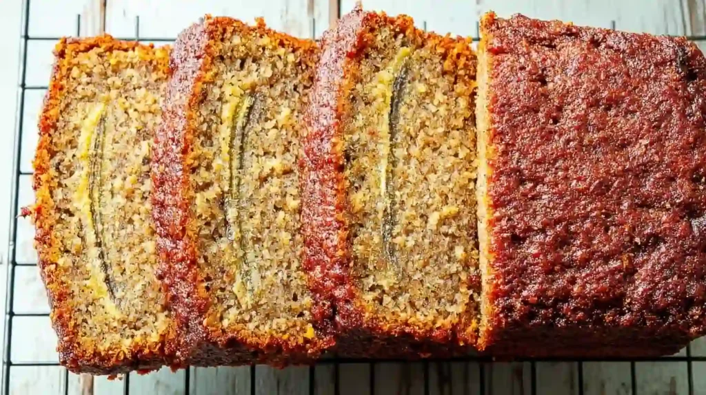 Sliced almond flour banana bread loaf with a moist texture and banana pieces visible in each slice.