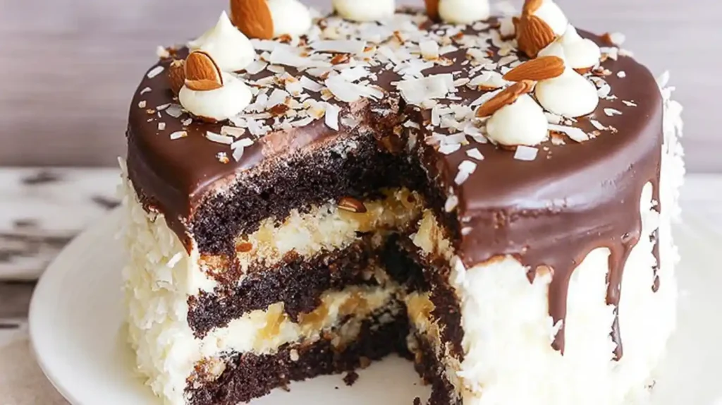 Almond Joy Cake with chocolate layers, coconut filling, almond topping, and chocolate ganache drip