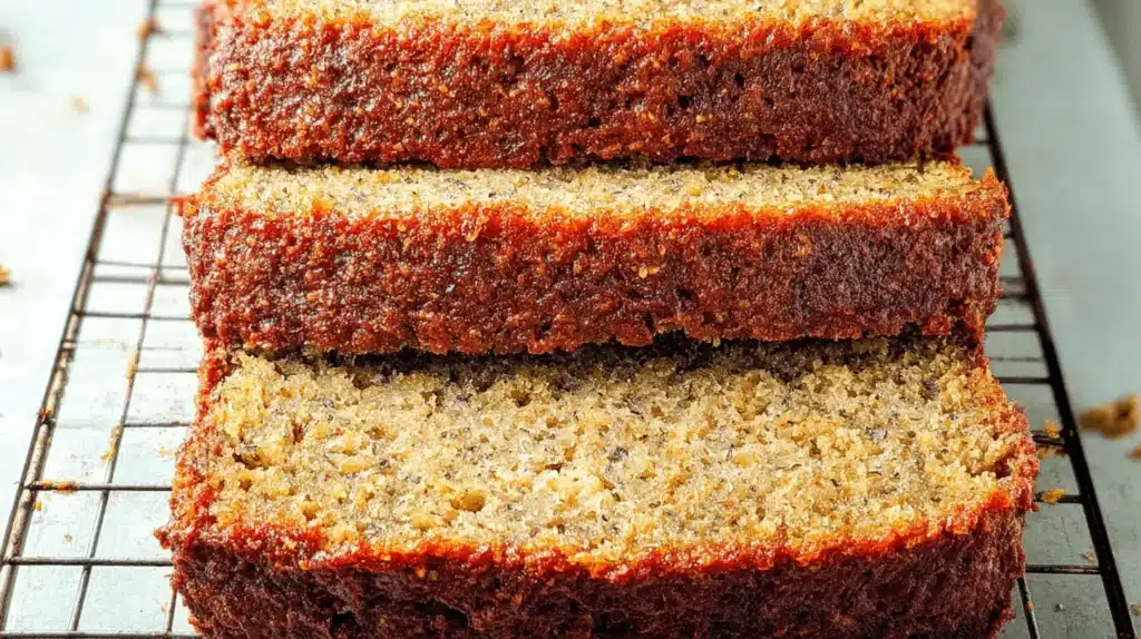 Close-up of three moist slices of freshly baked almond flour banana bread on a wire cooling rack.