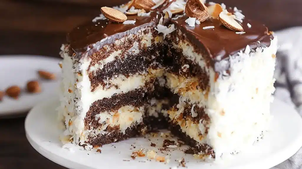 A decadent slice of almond joy cake, featuring rich chocolate layers, creamy filling, coconut flakes, and a glossy chocolate ganache with almonds on top.