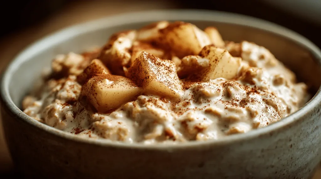 Close-up of creamy apple cinnamon overnight oats topped with diced apples and a dusting of cinnamon in a rustic bowl.