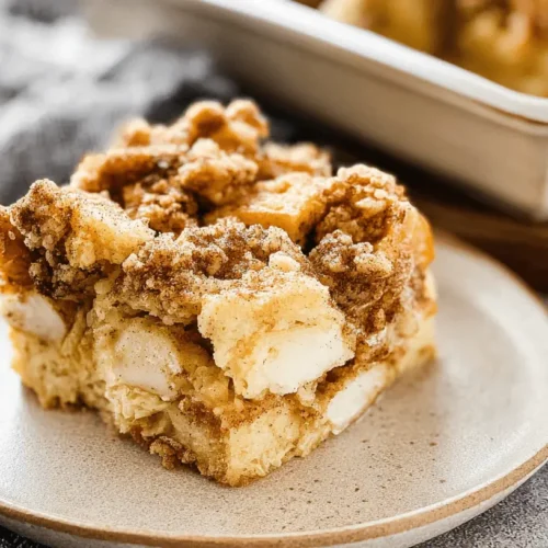 Easy Overnight Baked French Toast Casserole with Streusel Topping 3 Close-up of a delicious baked french toast casserole slice with a golden streusel topping on a rustic plate.