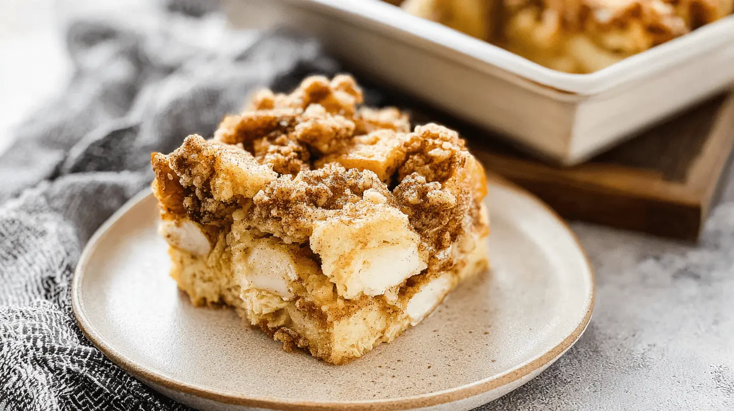 Easy Overnight Baked French Toast Casserole with Streusel Topping 1 Close-up of a delicious baked french toast casserole slice with a golden streusel topping on a rustic plate.