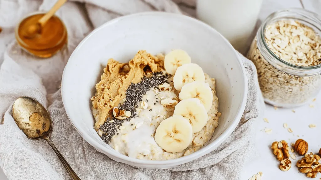 A rustic bowl of creamy banana overnight oats topped with fresh banana slices, peanut butter, chia seeds, and chopped nuts, presented for a wholesome breakfast.