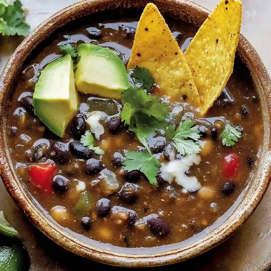 Black bean soup topped with avocado slices, fresh cilantro, and tortilla chips