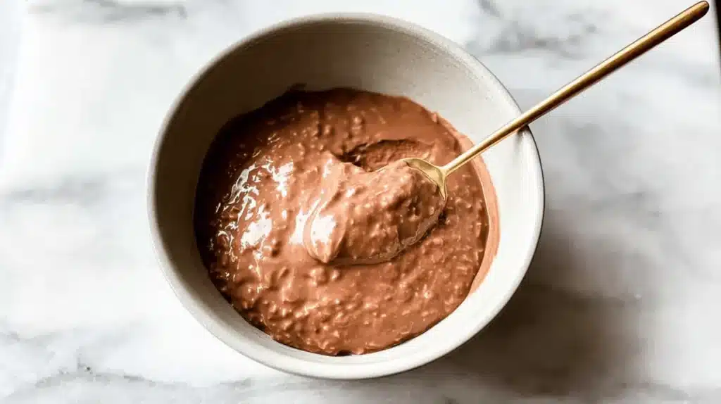 Creamy chocolate blended overnight oats being scooped from a rustic bowl on a white marble surface.