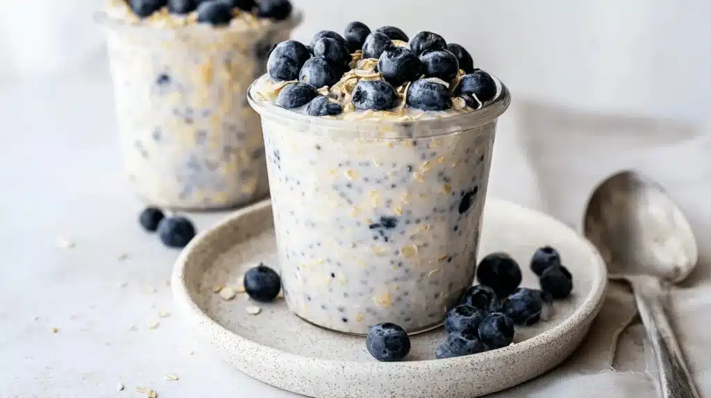 Close-up of fresh blueberry overnight oats in a glass jar, garnished with whole blueberries and oats on a rustic plate.