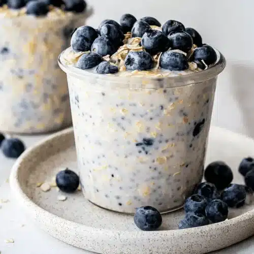Delicious & Easy Blueberry Overnight Oats 3 Close-up of fresh blueberry overnight oats in a glass jar, garnished with whole blueberries and oats on a rustic plate.