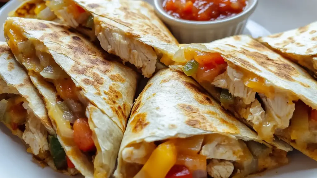 Chicken quesadillas filled with seasoned chicken, melted cheese, and sautéed vegetables served with salsa.