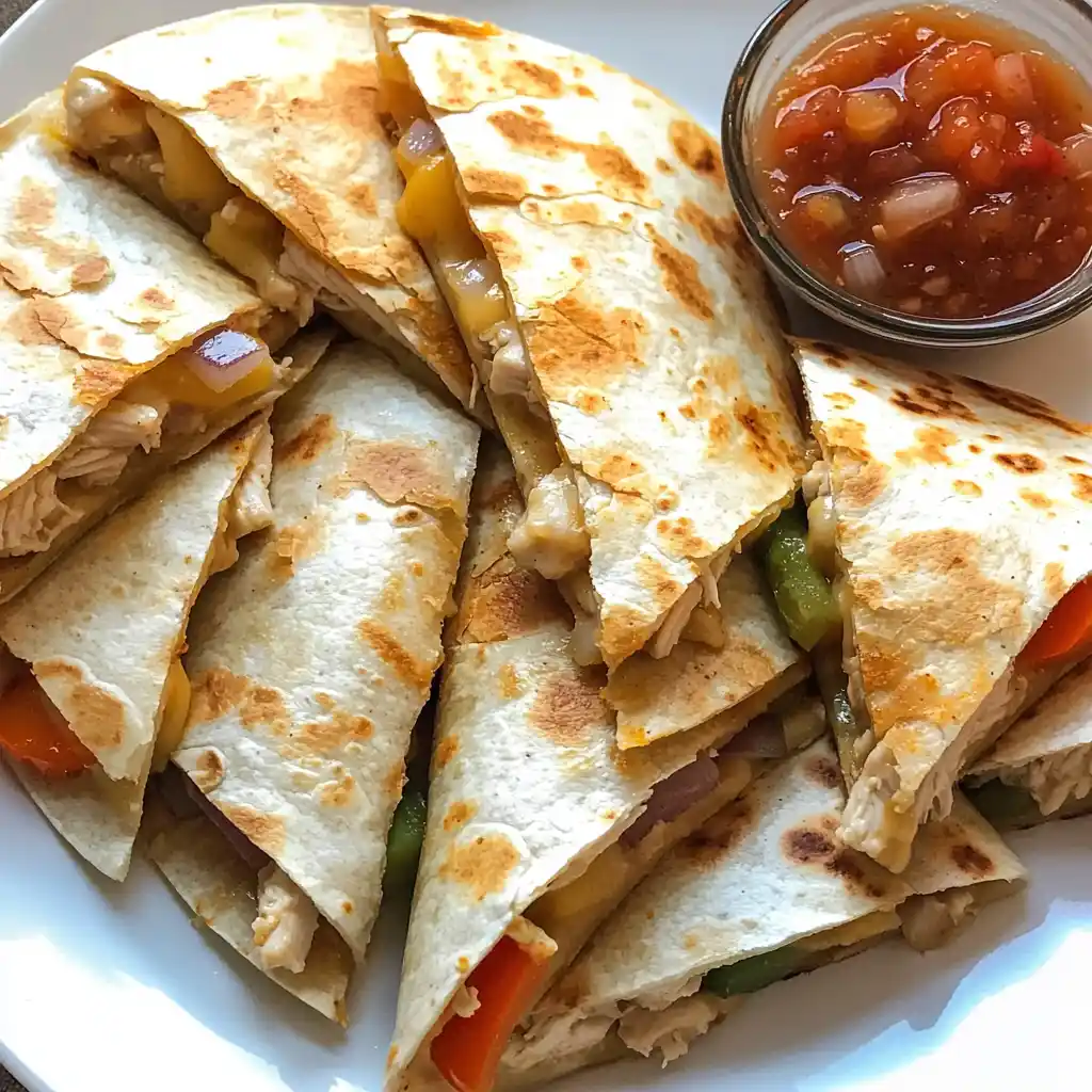 Chicken quesadillas filled with tender chicken, melted cheese, and vegetables, served with salsa.