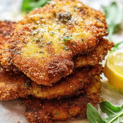 Crispy Italian Breaded Chicken Cutlets 3 Close-up of golden-brown, crispy chicken cutlets stacked with fresh lemon and arugula.