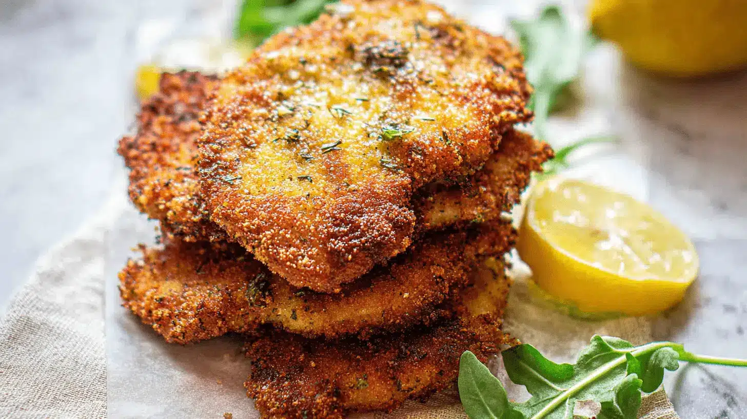 Crispy Italian Breaded Chicken Cutlets 1 Close-up of golden-brown, crispy chicken cutlets stacked with fresh lemon and arugula.
