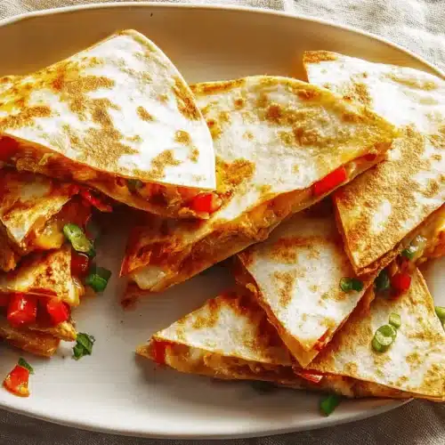 Close-up overhead view of golden-brown chicken quesadillas with melted cheese, bell peppers, and green onions, served with sour cream.