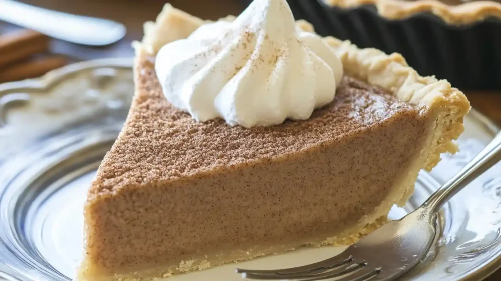 Slice of creamy cinnamon pie with a smooth cinnamon filling and whipped cream on top.