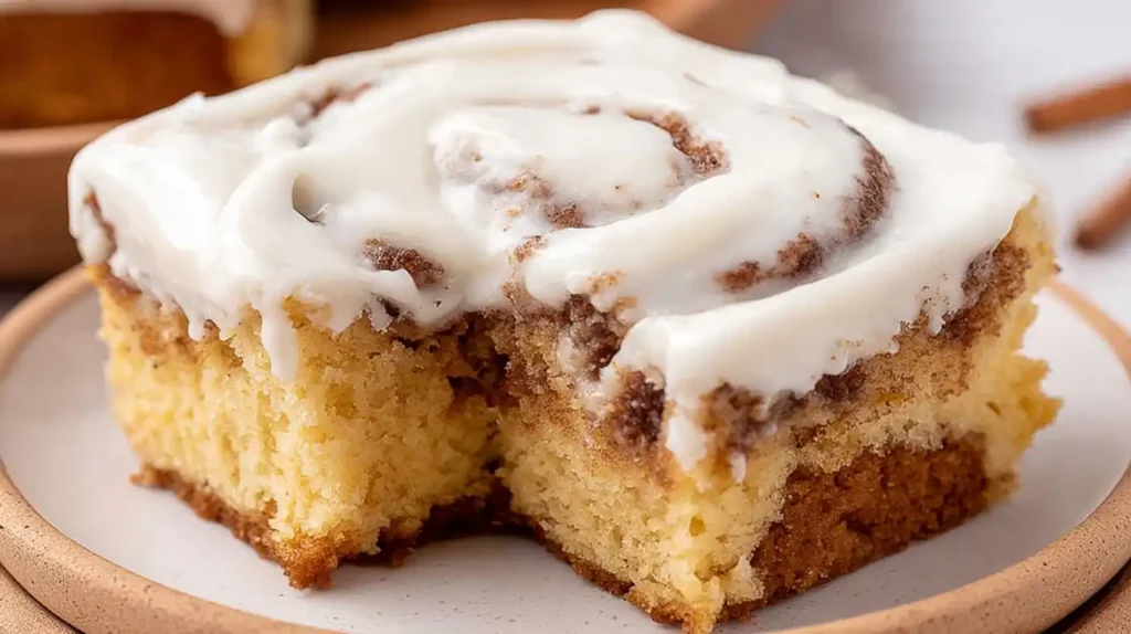 Soft cinnamon roll cake square topped with creamy white frosting and visible cinnamon swirls.