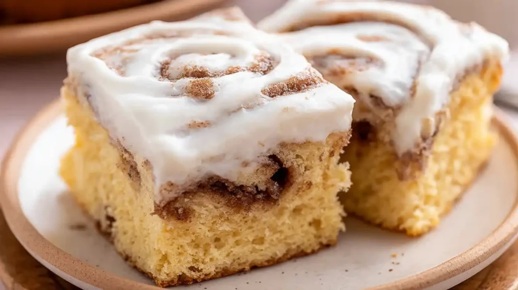 Fluffy cinnamon roll cake squares topped with creamy white frosting and visible cinnamon swirls.