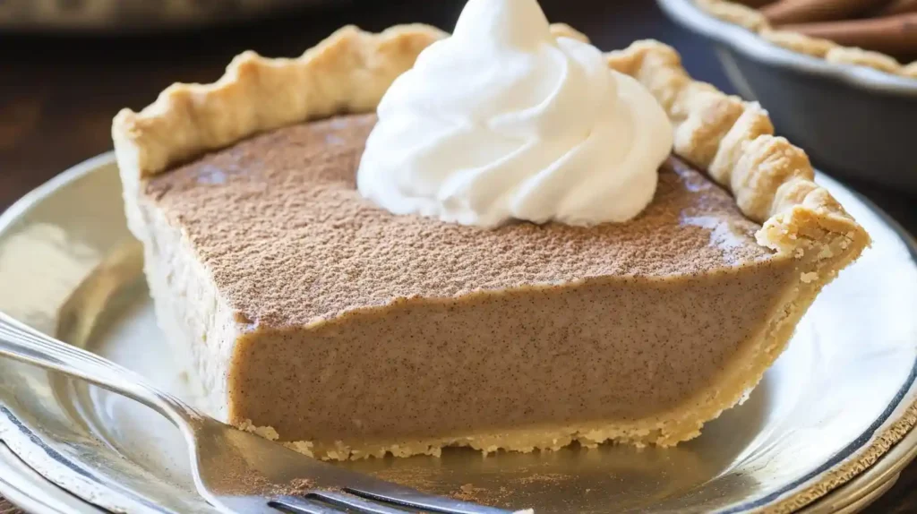 The Best Creamy Cinnamon Pie Recipe 3 Homemade cinnamon pie slice served on a plate with a flaky crust and whipped cream.