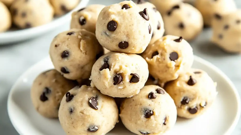 Cookie dough protein bites stacked on a plate with chocolate chips.