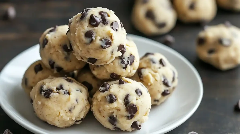 Cookie dough protein bites stacked on a white plate with chocolate chips.