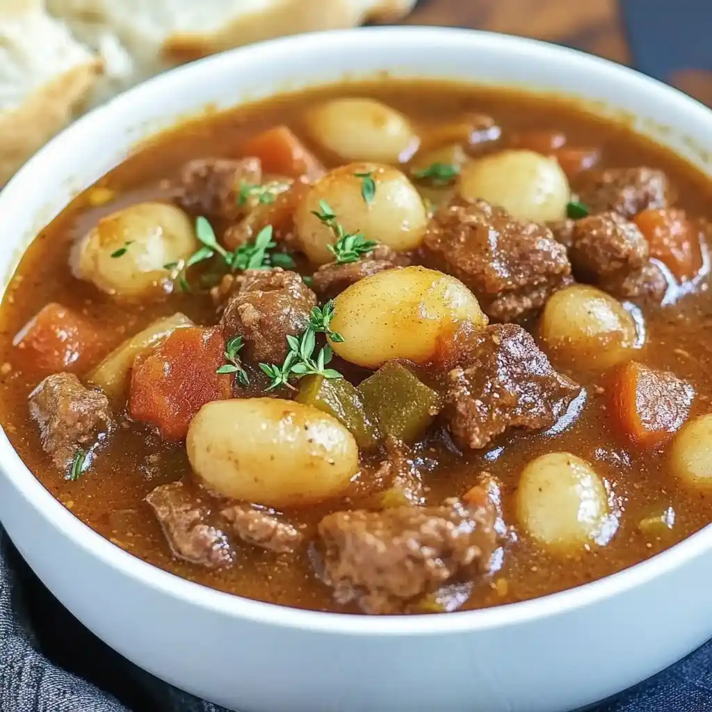 Hearty cowboy stew with tender beef, potatoes, carrots, and vegetables in a rich broth, served in a white bowl.
