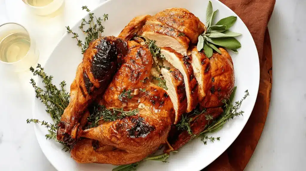 A beautifully roasted cowboy butter turkey, golden-brown and garnished with fresh herbs, ready for serving on an elegant white platter.