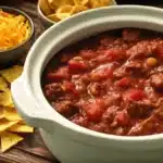 A hearty cowboy chili recipe served in a ceramic pot with shredded cheddar, chopped green onions, and tortilla chips on a rustic wooden surface.