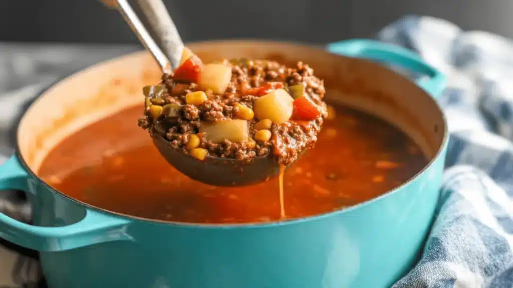 Close-up of hearty cowboy soup being served from a vibrant turquoise pot.