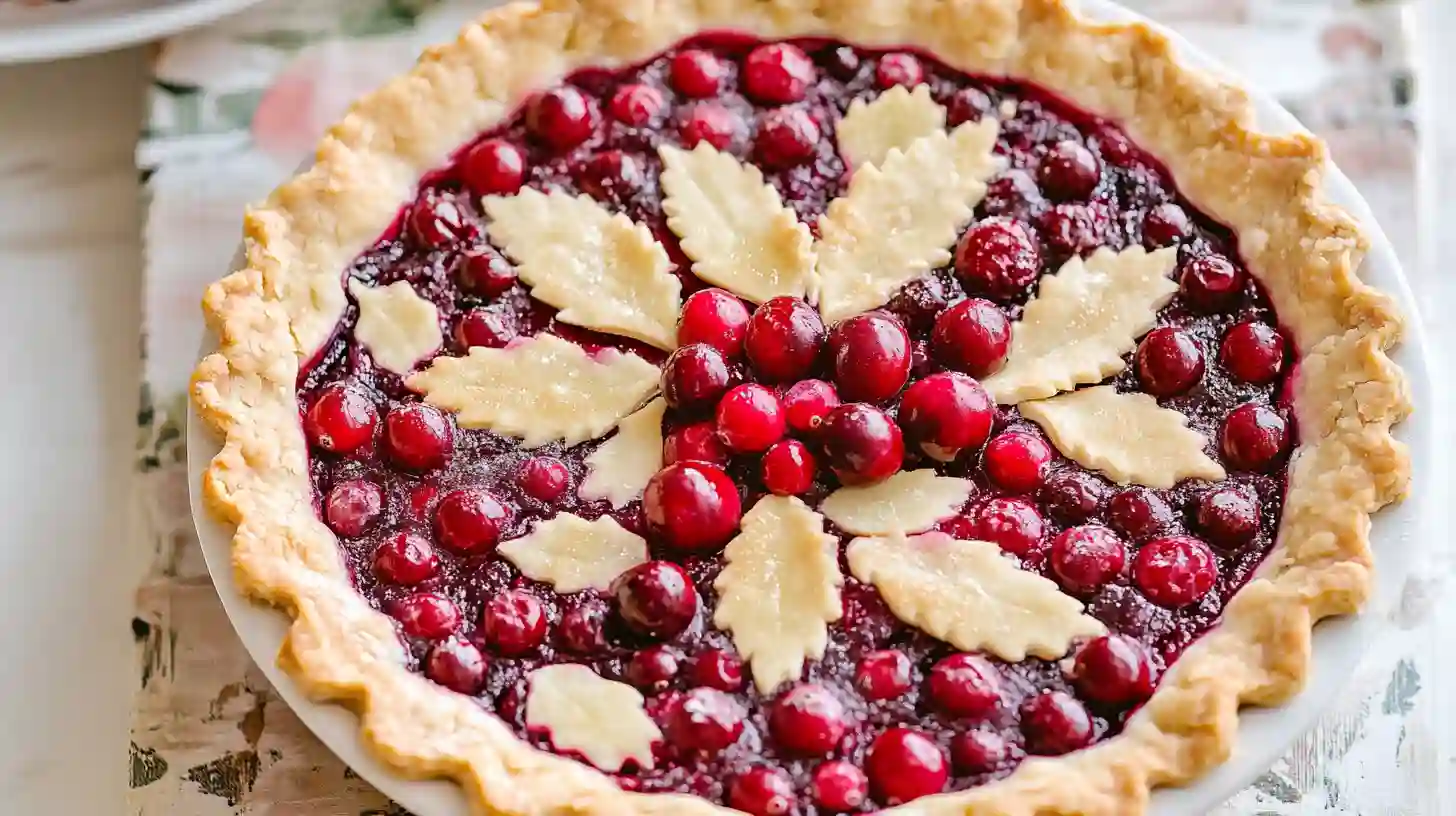 Cranberry Custard Pie with Ginger Sweet Crust 1 Cranberry custard pie topped with whole cranberries and leaf-shaped pastry decorations in a golden crust.
