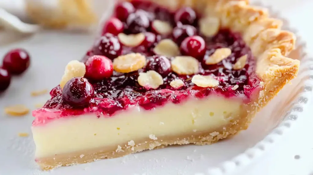 Cranberry Custard Pie with Ginger Sweet Crust 2 Slice of cranberry custard pie with creamy custard filling, bright cranberry topping, and flaky crust.